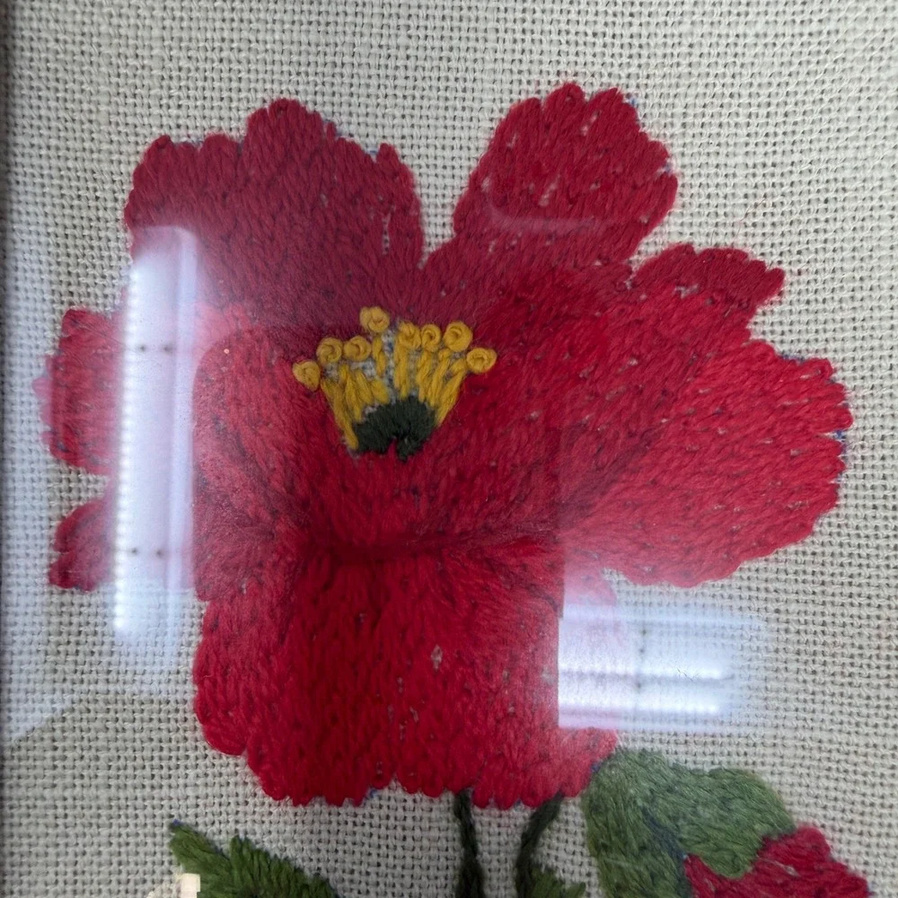 Vintage 1980 Handmade Floral Embroidery Hand Made Wood Frame Art Signed ME